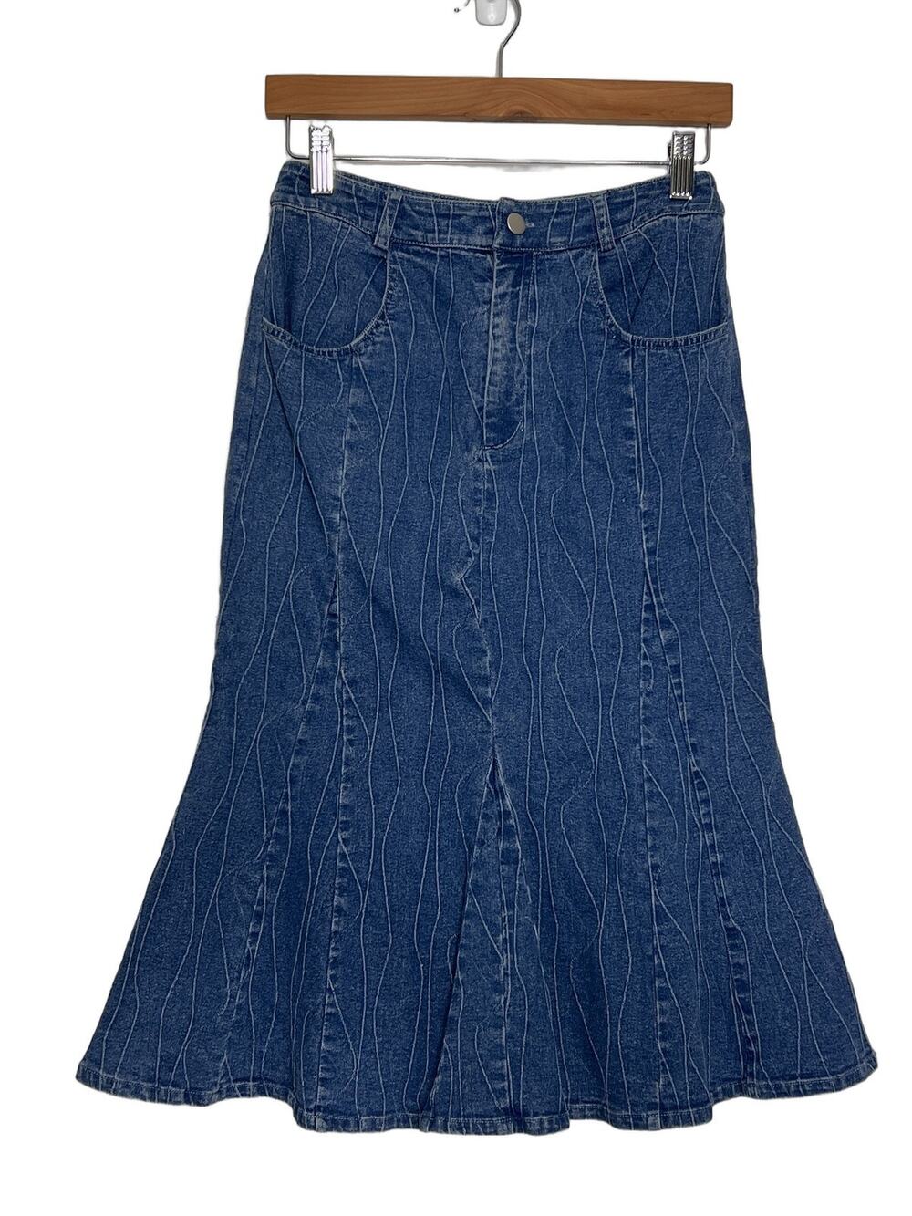STORIA Blue Denim Midi Skirt Size Small A-Line Cotton Button Zip Casual